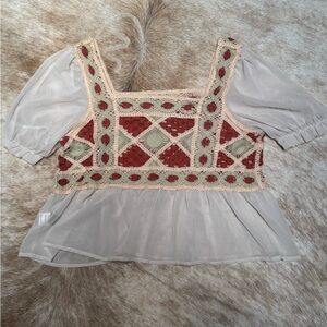 SHEIN Red & Cream Crochet Peplum Blouse